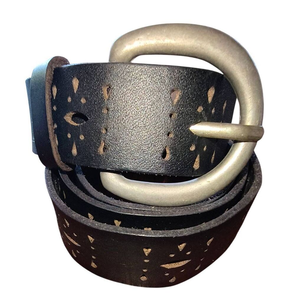 Boho Bohemian black leather belt punched pewter tone hardware XL